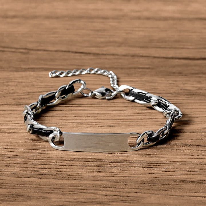 Buddha Stones Chain Leather Inlay Bar Plate Braided Leather Strengthen Cuban Bracelet - Leather(Wrist Circumference: 17-22cm) - image 0