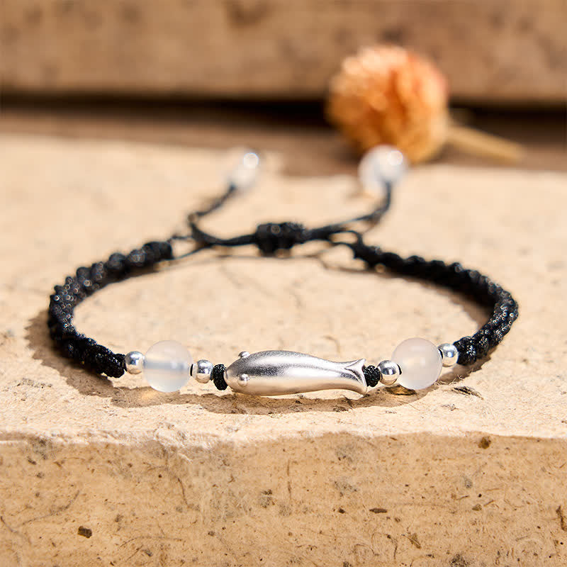 Buddha Stones 999 Sterling Silver Koi Fish White Agate Braided Rope Protection Bracelet - Koi fish(Wrist Circumference 14-18cm) - 999 Sterling Silver - image 0