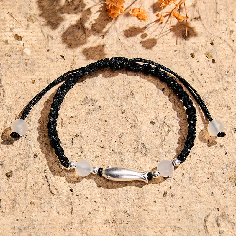 Buddha Stones 999 Sterling Silver Koi Fish White Agate Braided Rope Protection Bracelet - image 1
