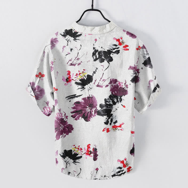Buddha Stones Cotton Purple Watercolor Lotus Pattern Men's Short Sleeve Half Button Shirt - image 1