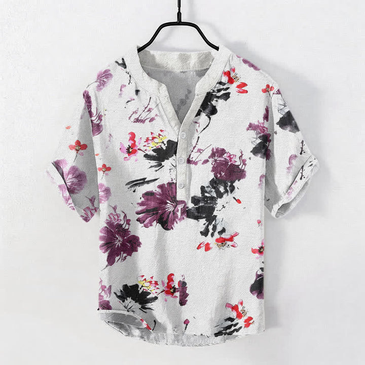 Buddha Stones Cotton Purple Watercolor Lotus Pattern Men's Short Sleeve Half Button Shirt - White - US/UK/AU50，EU60 (5XL) - image 0