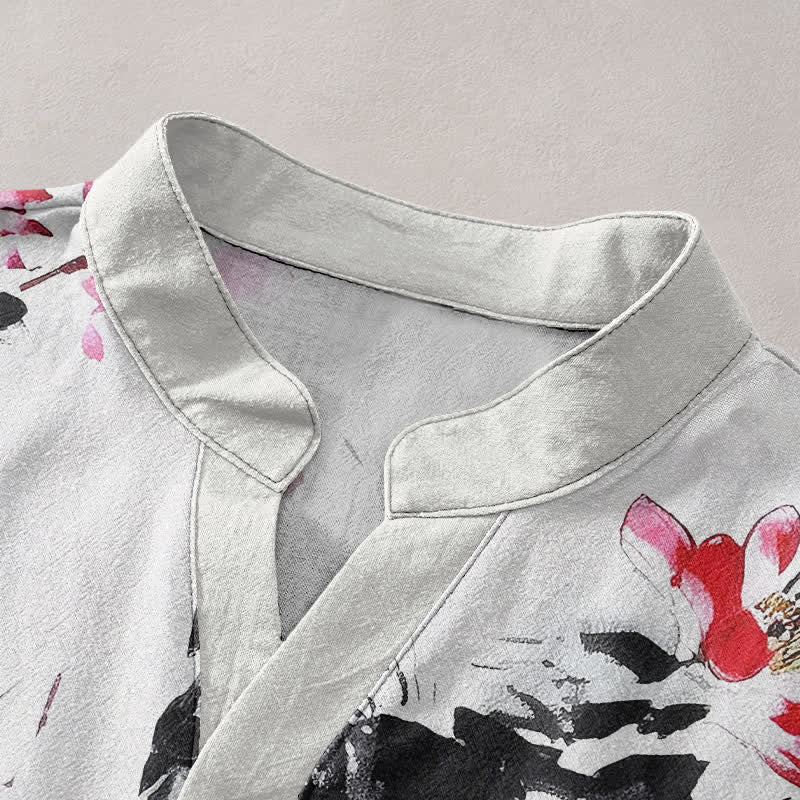 Buddha Stones Cotton Purple Watercolor Lotus Pattern Men's Short Sleeve Half Button Shirt - image 2