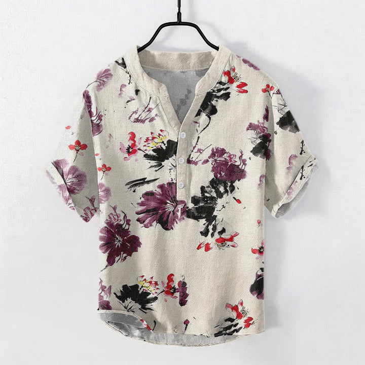 Buddha Stones Cotton Purple Watercolor Lotus Pattern Men's Short Sleeve Half Button Shirt - Linen - US/UK/AU50，EU60 (5XL) - image 3