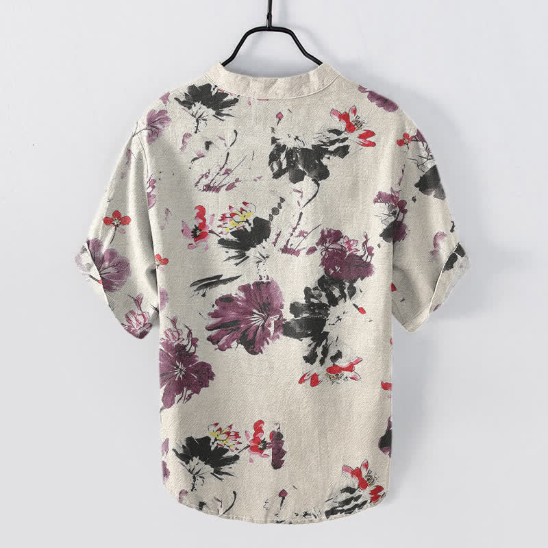Buddha Stones Cotton Purple Watercolor Lotus Pattern Men's Short Sleeve Half Button Shirt - image 4