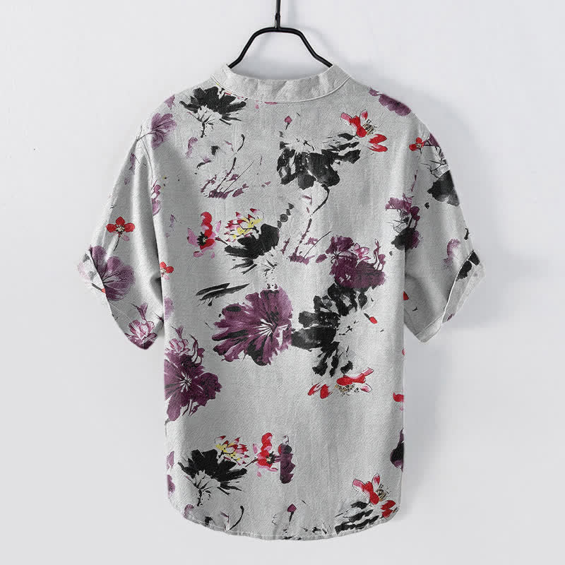 Buddha Stones Cotton Purple Watercolor Lotus Pattern Men's Short Sleeve Half Button Shirt - image 6