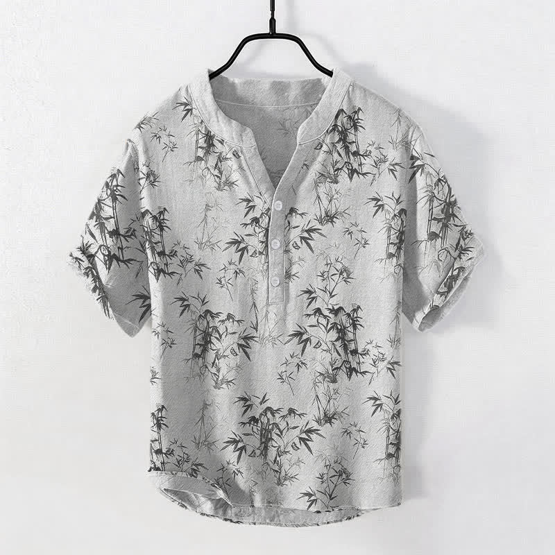 Buddha Stones Cotton Bamboo Leaf Pattern Men's Short Sleeve Half Button Shirt - Gainsboro - US/UK/AU50，EU60 (5XL) - image 0