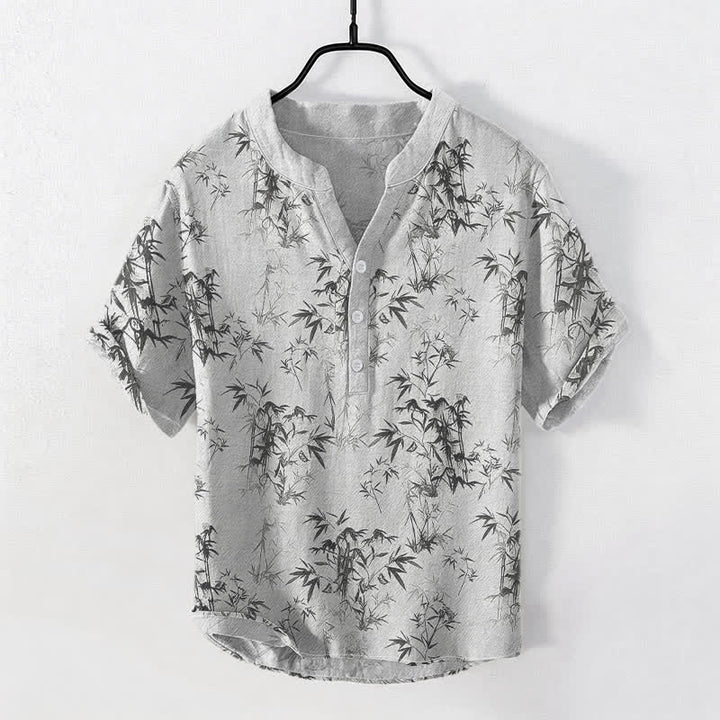 Buddha Stones Cotton Bamboo Leaf Pattern Men's Short Sleeve Half Button Shirt - Gainsboro - US/UK/AU50，EU60 (5XL) - image 0