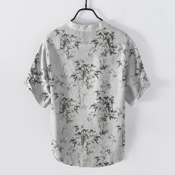 Buddha Stones Cotton Bamboo Leaf Pattern Men's Short Sleeve Half Button Shirt - image 1