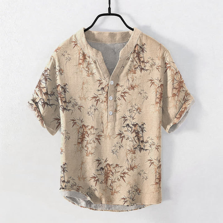 Buddha Stones Cotton Bamboo Leaf Pattern Men's Short Sleeve Half Button Shirt - Wheat - US/UK/AU50，EU60 (5XL) - image 3