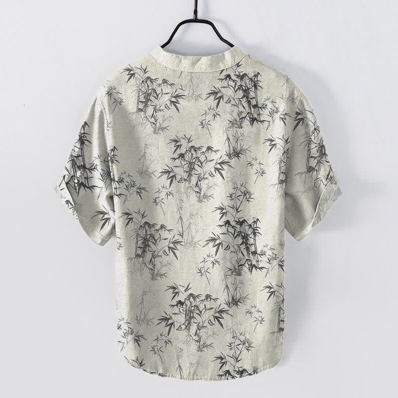 Buddha Stones Cotton Bamboo Leaf Pattern Men's Short Sleeve Half Button Shirt - image 6