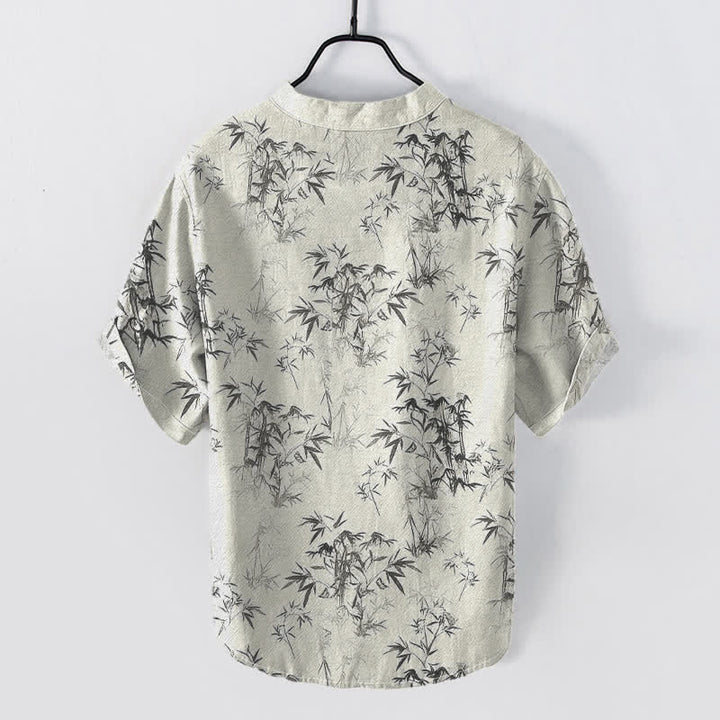 Buddha Stones Cotton Bamboo Leaf Pattern Men's Short Sleeve Half Button Shirt - image 6