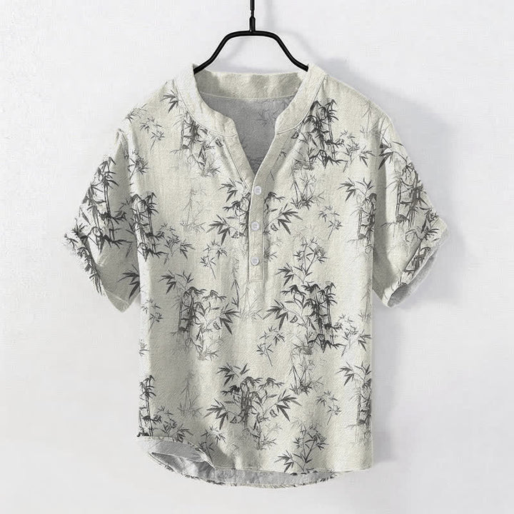Buddha Stones Cotton Bamboo Leaf Pattern Men's Short Sleeve Half Button Shirt - Ivory - US/UK/AU50，EU60 (5XL) - image 5