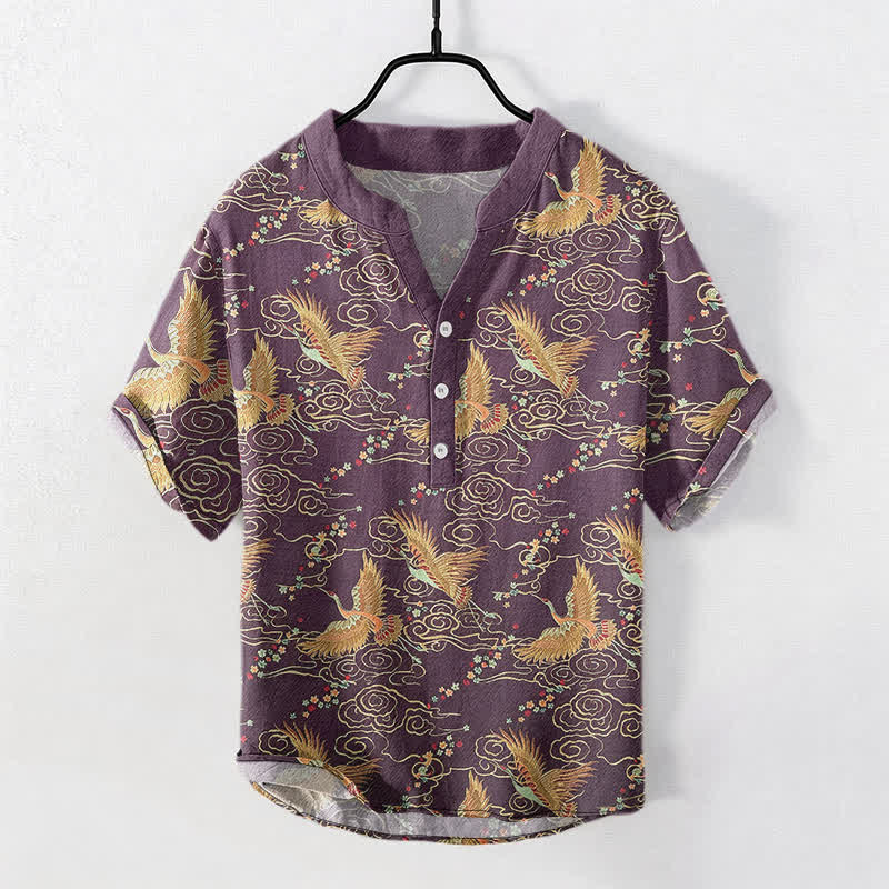Buddha Stones Cotton Golden Crane Cloud Pattern Men's Short Sleeve Half Button Shirt - Purple - US/UK/AU50，EU60 (5XL) - image 5