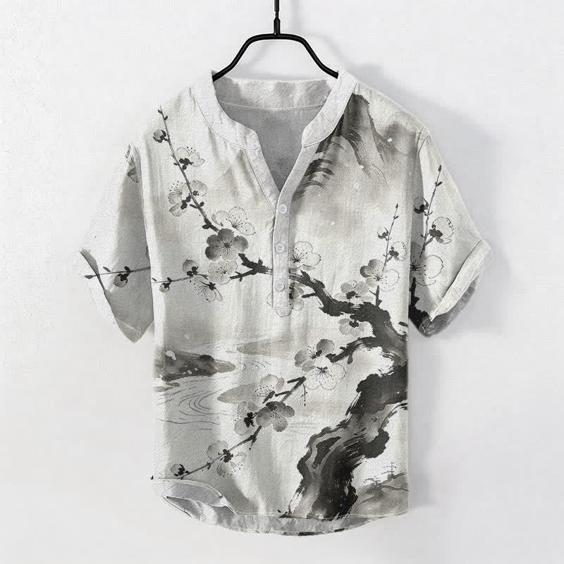 Buddha Stones Cotton Ink Plum Blossom Pattern Men's Short Sleeve Half Button Shirt - Ivory - US/UK/AU50，EU60 (5XL) - image 0