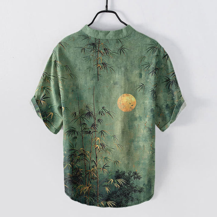 Buddha Stones Cotton Ink Bamboo With Golden Moon Pattern Men's Short Sleeve Half Button Shirt - image 1