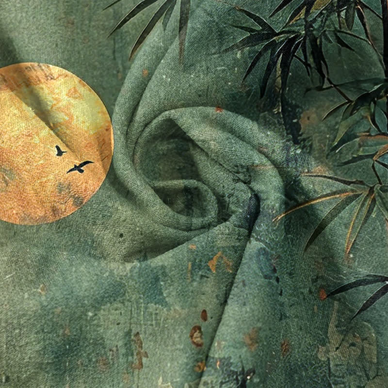 Buddha Stones Cotton Ink Bamboo With Golden Moon Pattern Men's Short Sleeve Half Button Shirt - image 4
