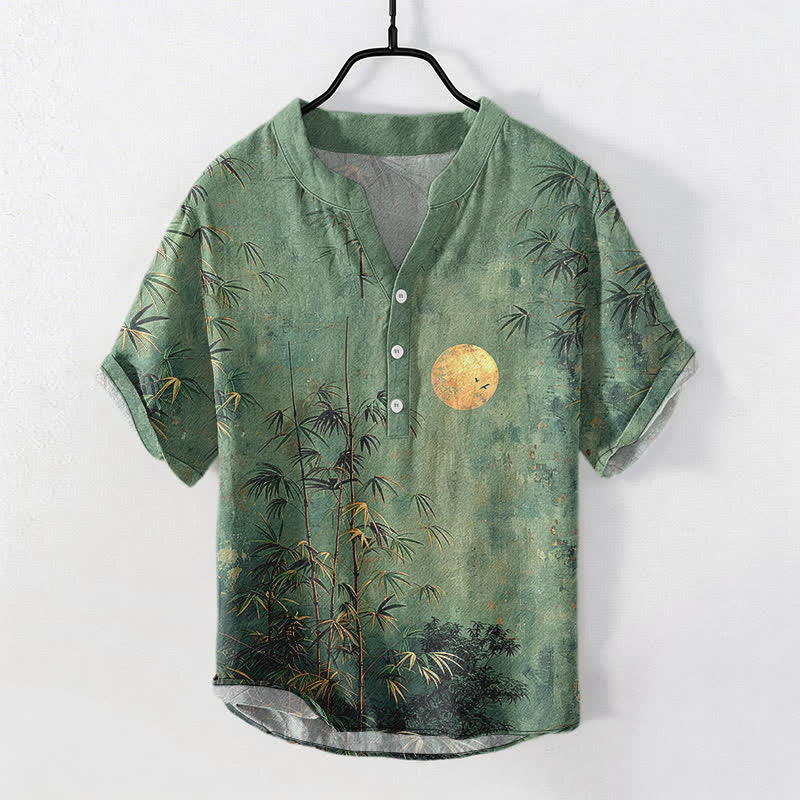 Buddha Stones Cotton Ink Bamboo With Golden Moon Pattern Men's Short Sleeve Half Button Shirt - SeaGreen - US/UK/AU50，EU60 (5XL) - image 0