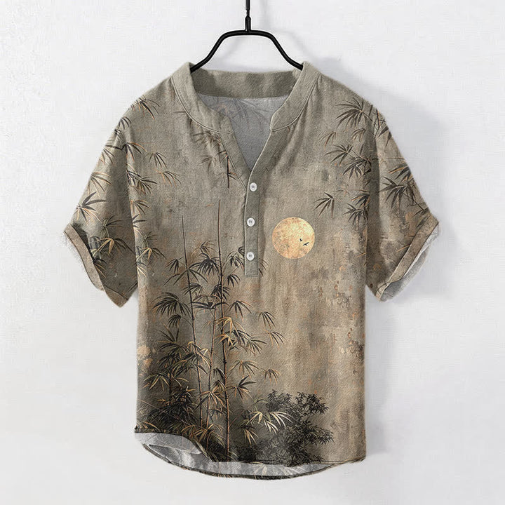 Buddha Stones Cotton Ink Bamboo With Golden Moon Pattern Men's Short Sleeve Half Button Shirt - DarkGray - US/UK/AU50，EU60 (5XL) - image 5