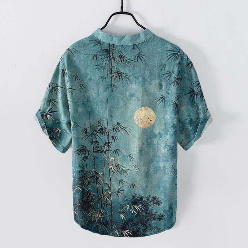 Buddha Stones Cotton Ink Bamboo With Golden Moon Pattern Men's Short Sleeve Half Button Shirt - image 8