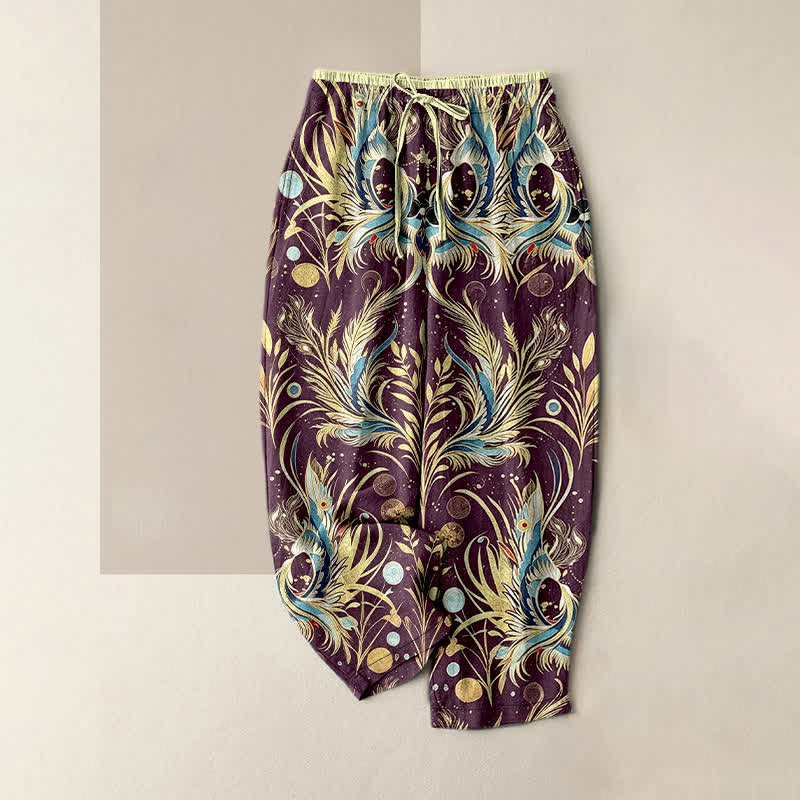 Buddha Stones Pure Cotton Peacock Feather Dot Pattern Women's Elastic Waist Pants With Pockets - DarkViolet - US16，UK/AU20，EU48 (3XL) - image 0