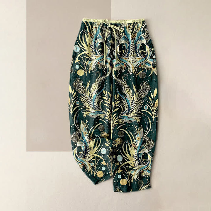 Buddha Stones Pure Cotton Peacock Feather Dot Pattern Women's Elastic Waist Pants With Pockets - DarkGreen - US16，UK/AU20，EU48 (3XL) - image 5