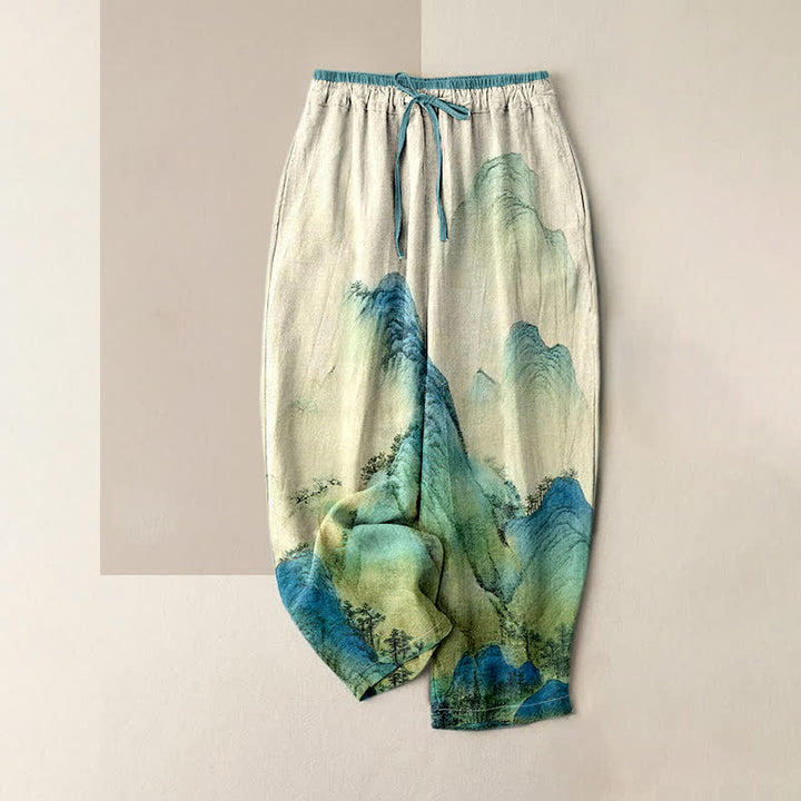 Buddha Stones Pure Cotton Ink Wash Mountain Pattern Women's Elastic Waist Pants With Pockets - AntiqueWhite - US16，UK/AU20，EU48 (3XL) - image 0