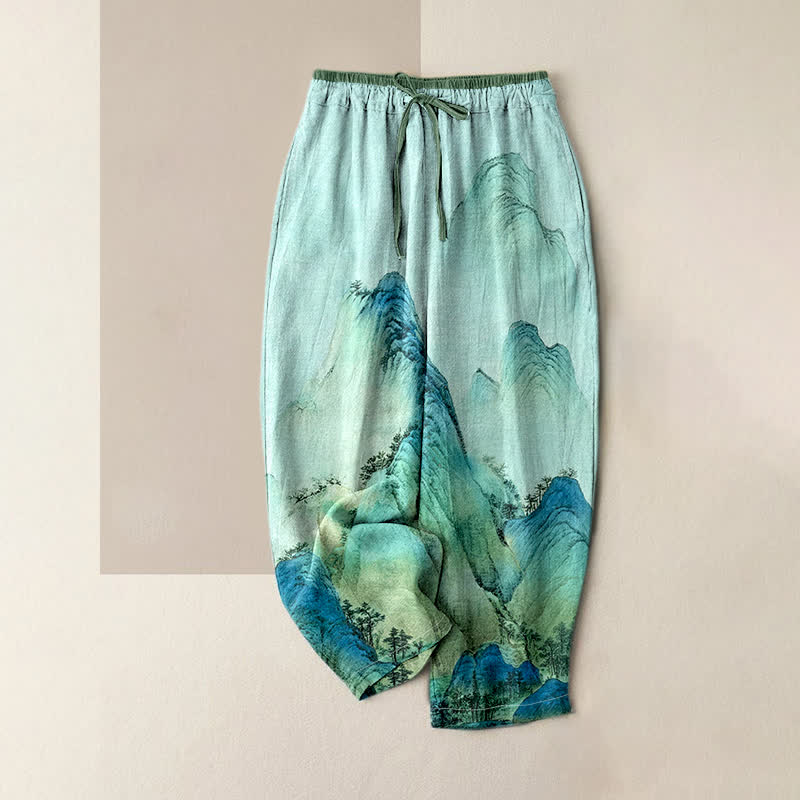Buddha Stones Pure Cotton Ink Wash Mountain Pattern Women's Elastic Waist Pants With Pockets - Aquamarine - US16，UK/AU20，EU48 (3XL) - image 3