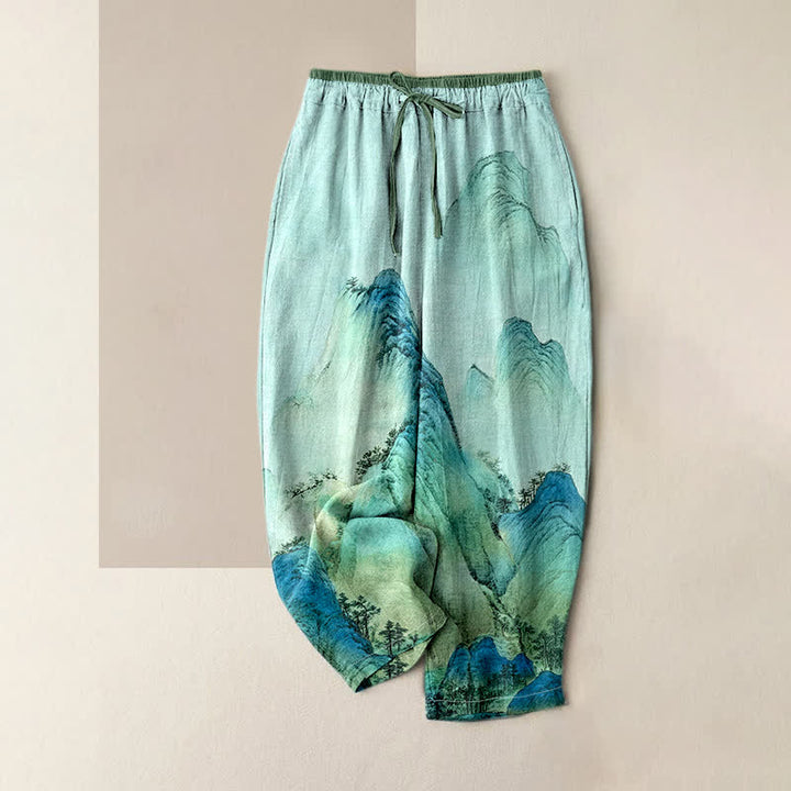 Buddha Stones Pure Cotton Ink Wash Mountain Pattern Women's Elastic Waist Pants With Pockets - Aquamarine - US16，UK/AU20，EU48 (3XL) - image 3