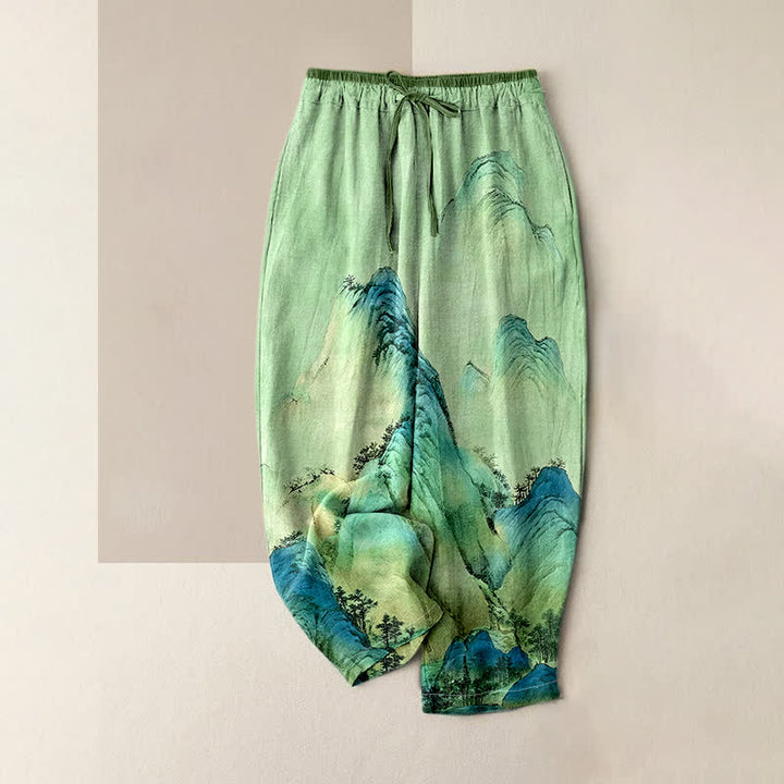 Buddha Stones Pure Cotton Ink Wash Mountain Pattern Women's Elastic Waist Pants With Pockets - LightGreen - US16，UK/AU20，EU48 (3XL) - image 4
