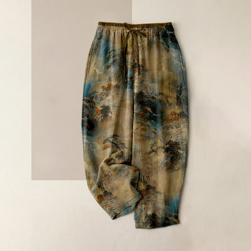 Buddha Stones Cotton Ink Wash Mountain Landscape Pattern Women's Elastic Waist Pants With Pockets - Tan - US16，UK/AU20，EU48 (3XL) - image 0