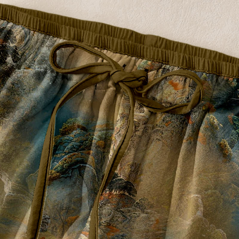 Buddha Stones Cotton Ink Wash Mountain Landscape Pattern Women's Elastic Waist Pants With Pockets - image 1