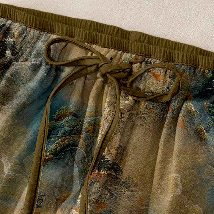 Buddha Stones Cotton Ink Wash Mountain Landscape Pattern Women's Elastic Waist Pants With Pockets - image 1