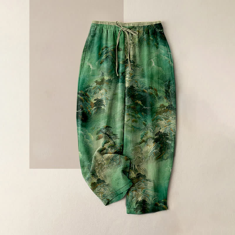 Buddha Stones Cotton Ink Wash Mountain Landscape Pattern Women's Elastic Waist Pants With Pockets - SeaGreen - US16，UK/AU20，EU48 (3XL) - image 4