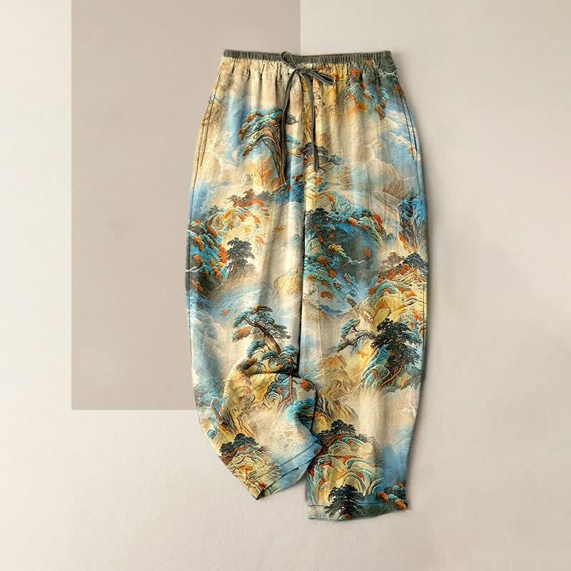 Buddha Stones Cotton Ink Wash Mountain Landscape Pattern Women's Elastic Waist Pants With Pockets - Beige - US16，UK/AU20，EU48 (3XL) - image 5