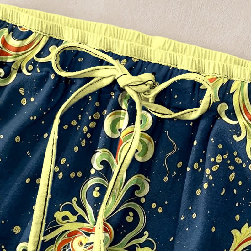 Buddha Stones Pure Cotton Vivid Paisley Floral Pattern Women's Elastic Waist Pants With Pockets - image 1