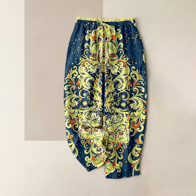 Buddha Stones Pure Cotton Vivid Paisley Floral Pattern Women's Elastic Waist Pants With Pockets - Navy - US16，UK/AU20，EU48 (3XL) - image 0