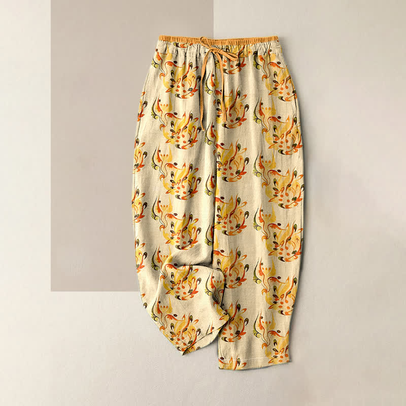 Buddha Stones Pure Cotton Sunny Abstract Floral Pattern Women's Elastic Waist Pants With Pockets - PaleGoldenrod - US16，UK/AU20，EU48 (3XL) - image 0