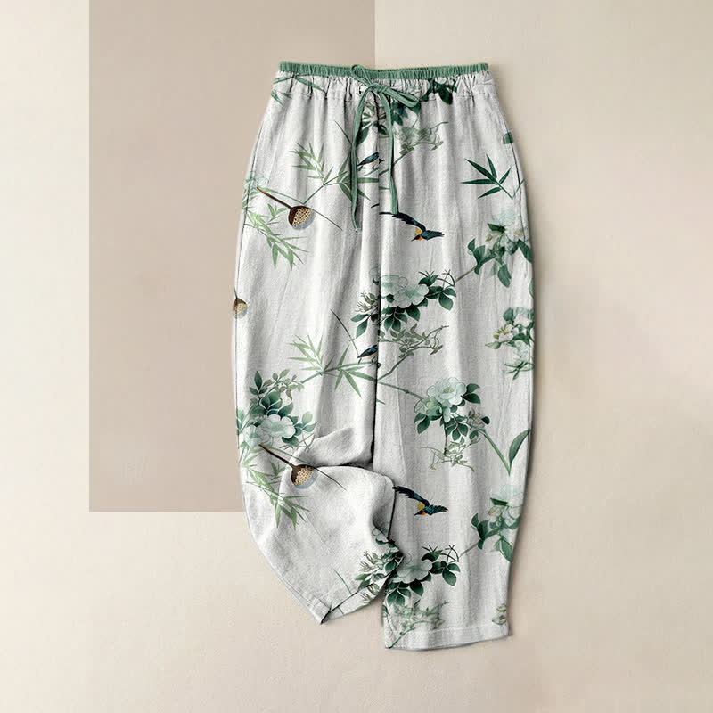 Buddha Stones Pure Cotton Watercolor Bamboo Flower Bird Pattern Women's Elastic Waist Pants With Pockets - White - US16，UK/AU20，EU48 (3XL) - image 0