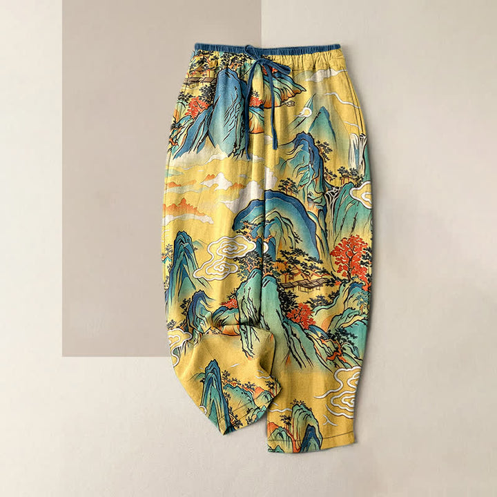Buddha Stones Pure Cotton Oriental Mountain Mist Pattern Women's Elastic Waist Pants With Pockets - Gold - US16，UK/AU20，EU48 (3XL) - image 0