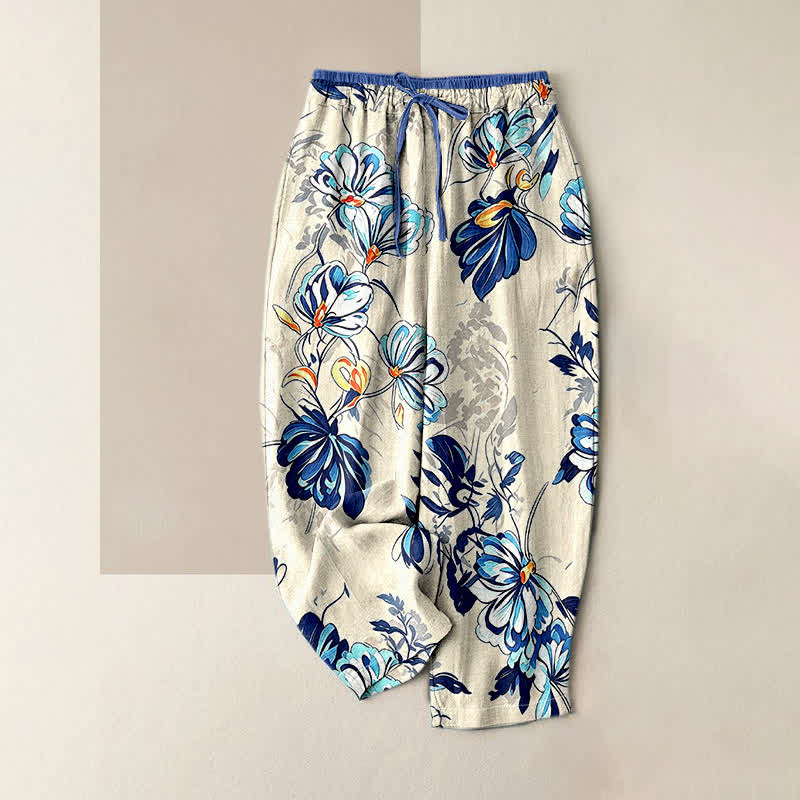 Buddha Stones Pure Cotton Indigo Botanical Bloom Pattern Women's Elastic Waist Pants With Pockets - Ivory - US16，UK/AU20，EU48 (3XL) - image 0