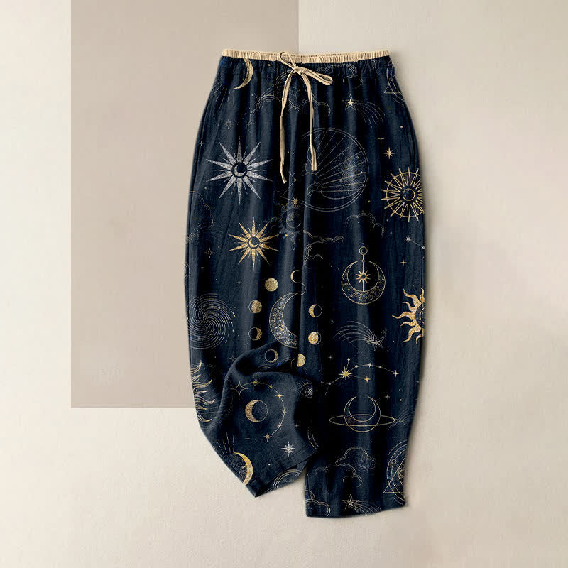 Buddha Stones Pure Cotton Celestial Sun Moon Stars Pattern Women's Elastic Waist Pants With Pockets - MidnightBlue - US16，UK/AU20，EU48 (3XL) - image 0