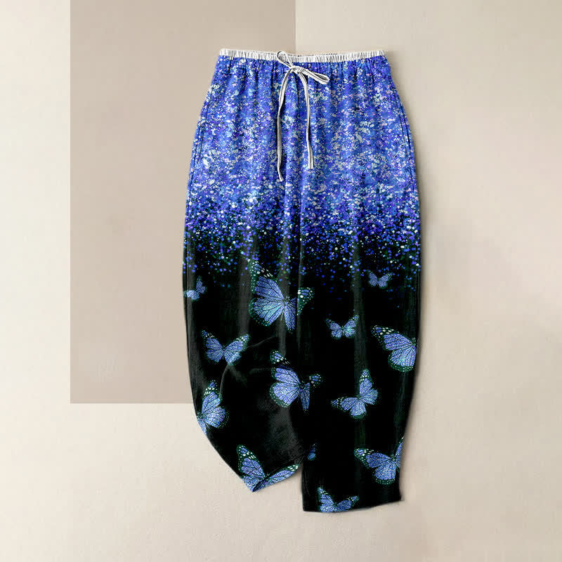 Buddha Stones Pure Cotton Gradient Butterfly Pattern Women's Elastic Waist Pants With Pockets - RoyalBlue - US16，UK/AU20，EU48 (3XL) - image 4