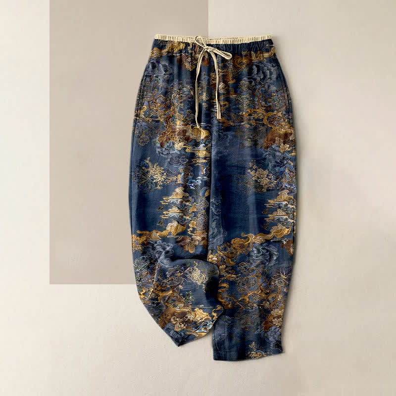 Buddha Stones Pure Cotton Golden Cloud Oriental Pattern Women's Elastic Waist Pants With Pockets - Navy - US16，UK/AU20，EU48 (3XL) - image 0