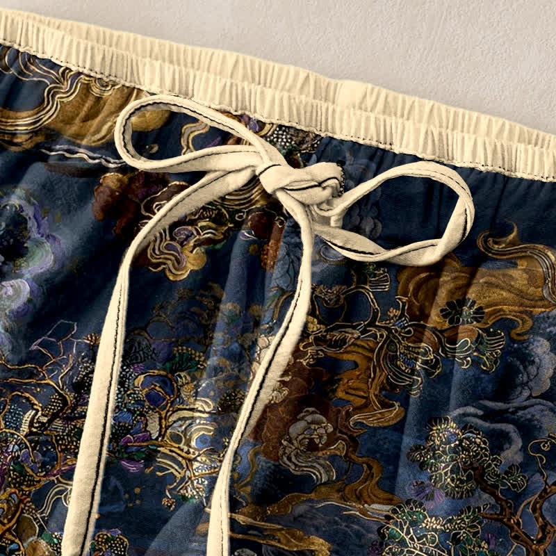 Buddha Stones Pure Cotton Golden Cloud Oriental Pattern Women's Elastic Waist Pants With Pockets - image 1