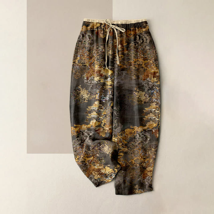 Buddha Stones Pure Cotton Golden Cloud Oriental Pattern Women's Elastic Waist Pants With Pockets - DimGray - US16，UK/AU20，EU48 (3XL) - image 4