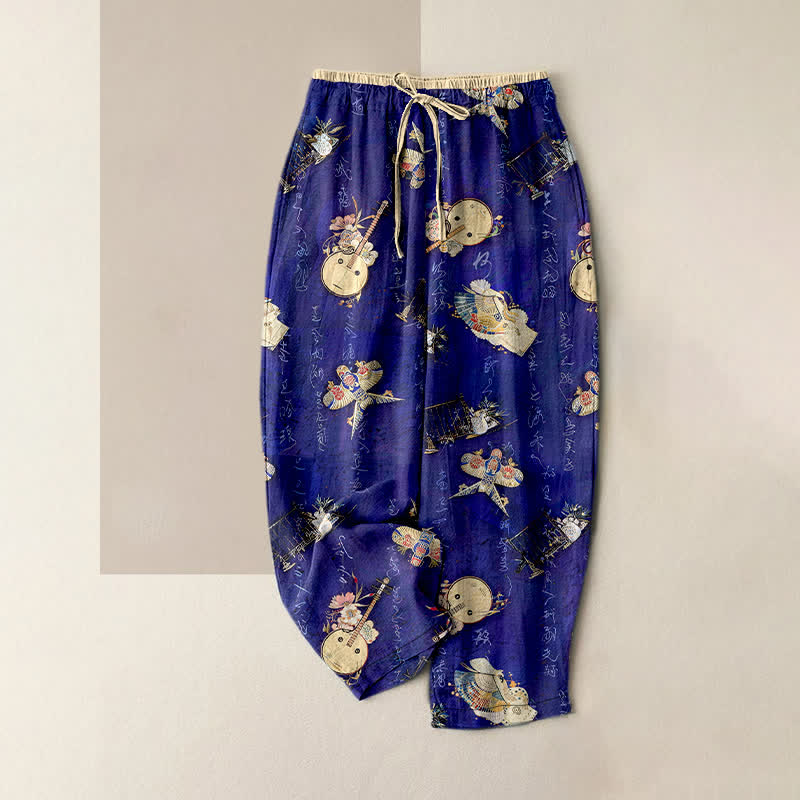 Buddha Stones Pure Cotton Mini Floral Pattern Women's Elastic Waist Pants With Pockets - RoyalBlue - US16，UK/AU20，EU48 (3XL) - image 0