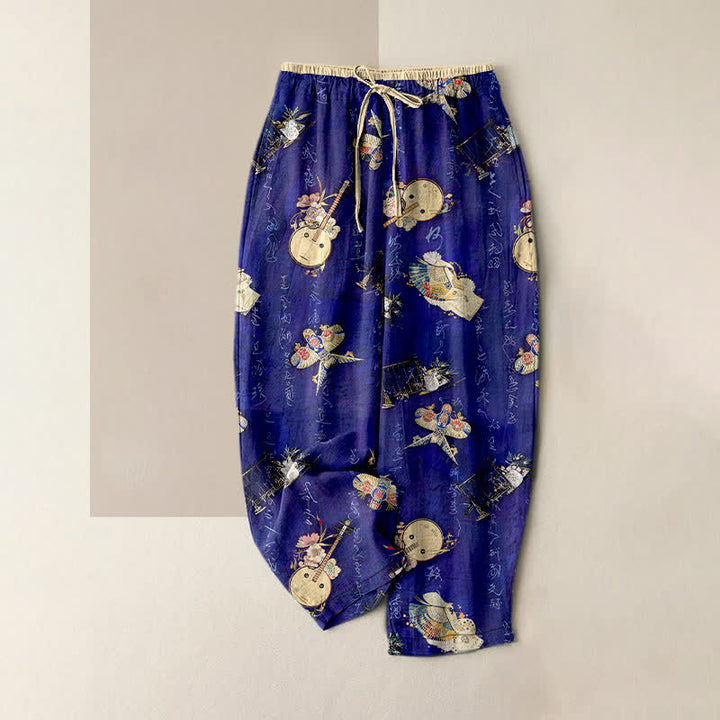 Buddha Stones Pure Cotton Mini Floral Pattern Women's Elastic Waist Pants With Pockets - RoyalBlue - US16，UK/AU20，EU48 (3XL) - image 0