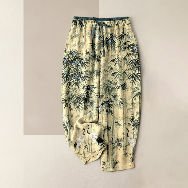 Buddha Stones Pure Cotton Oriental Bamboo Crane Pattern Women's Elastic Waist Pants With Pockets - Ivory - US16，UK/AU20，EU48 (3XL) - image 3