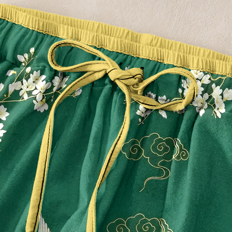 Buddha Stones Pure Cotton Flying Crane Floral Pattern Women's Elastic Waist Pants With Pockets - image 1