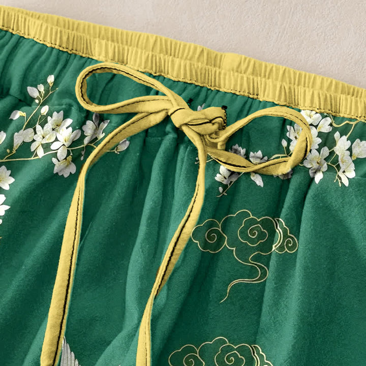 Buddha Stones Pure Cotton Flying Crane Floral Pattern Women's Elastic Waist Pants With Pockets - image 1